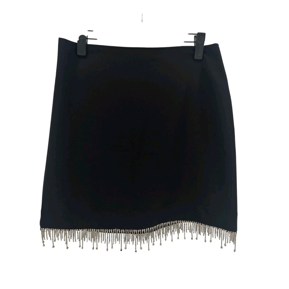 Rachel Zoe Black Crystal Fringe Embellished Gabardine Mini Skirt Size 4